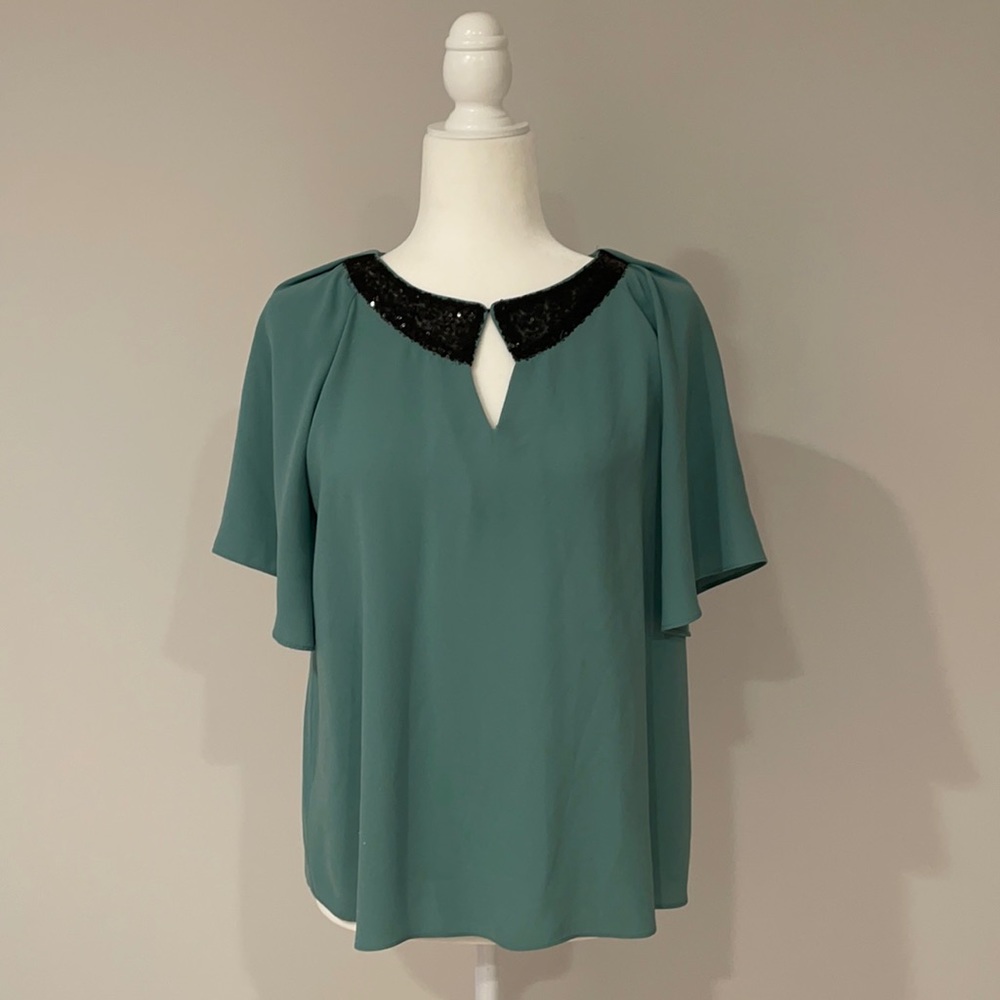 Rachel Roy Green Blouse Black Sequin Collar